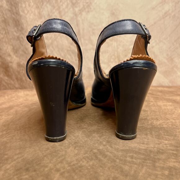 Vintage 40s Gold Cross Shoe Pumps Blue Heels Decorative Wrap Blue Open Toe Retro - Picture 12 of 13